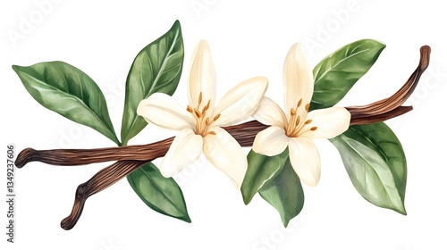 Detailed Watercolor Illustration of Vanilla Dried Pods and Green Leaves for Culinary Design Projects