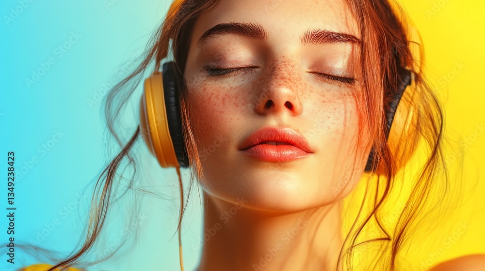 Woman enjoys music, headphones, colorful background, summer vibe, website banner Woman enjoys music, headphones, colorful background, summer vibe, website banner