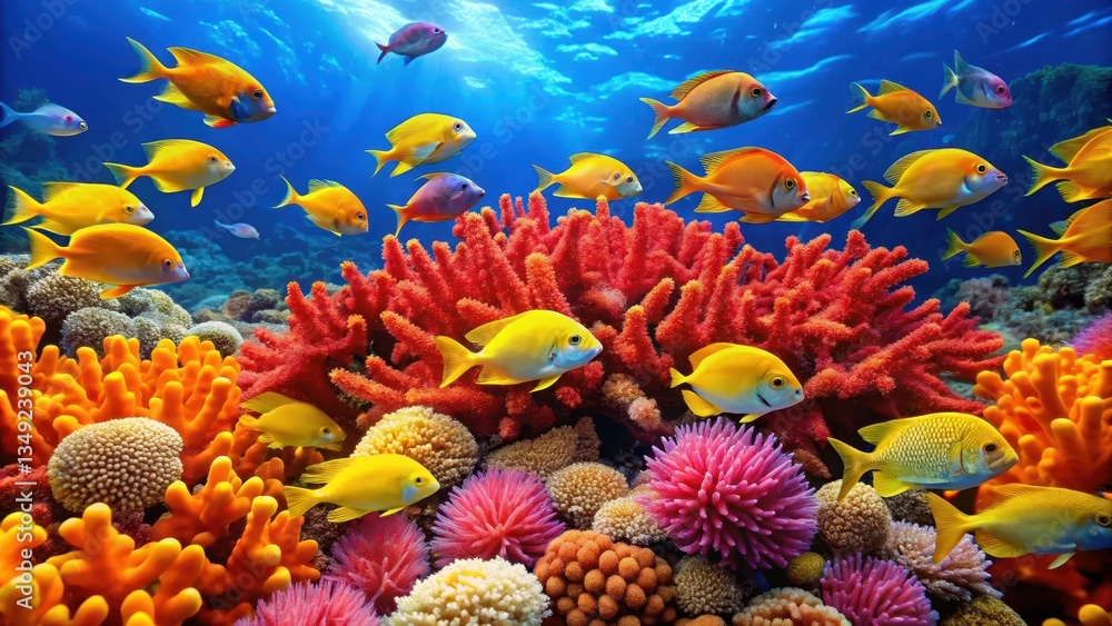 Fototapeta premium A school of yellowtail damselfish swim together in harmony among the coral and sea anemones on a vibrant red sea coral reef , underwater scene, marine life