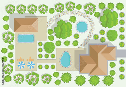 Design plan with house, courtyard, lawn and garage top view. Highly detailed plan of country with modern cottage, garden, pond, pool.
