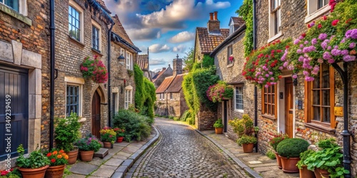 A picturesque cobbled lane in Norwich with old stone buildings and flowers, medieval architecture, quaint village scene