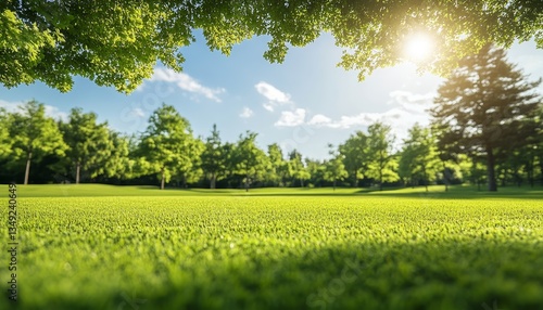 Fototapeta Naklejka Na Ścianę i Meble -  Idyllic Summer Landscape Lush green meadow bathed in sunlight, framed by trees and blue sky.