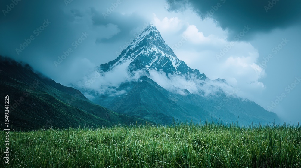 Fototapeta premium Majestic Mountain Peak Above Verdant Meadow