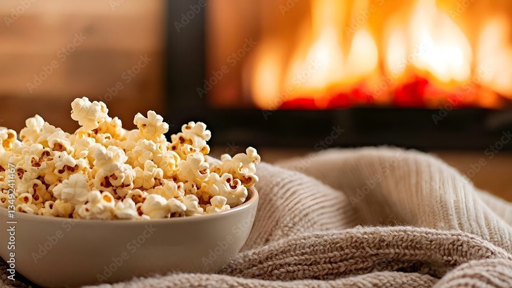 A bowl of popcorn sits on a cozy blanket, with a warm fireplace glowing in the background. Concept Cozy Movie Night, Warm Fireplace Ambiance, Comfort Food Vibes, Relaxing Atmosphere A bowl of popcorn sits on a cozy blanket, with a warm fireplace glowing in the background. Concept Cozy Movie Night, Warm Fireplace Ambiance, Comfort Food Vibes, Relaxing Atmosphere
