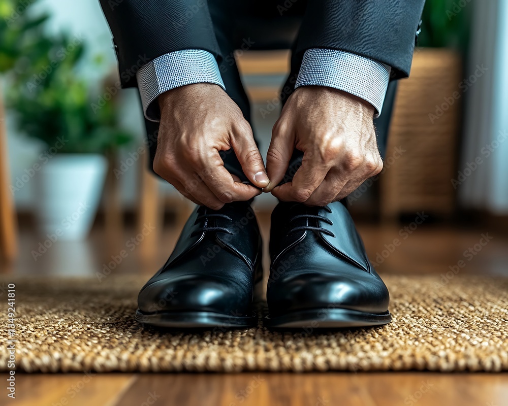 A man is tying the laces on his black dress shoes A man is tying the laces on his black dress shoes