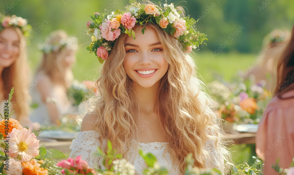 Cheerful Woman with Flower Crown Enjoying Spring Day with Friends Cheerful Woman with Flower Crown Enjoying Spring Day with Friends