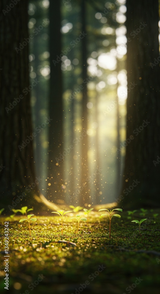 Obraz premium New green sprouts in forest with sunlight for springtime card. Beginning of new life, growth and future success. Nature background, copy space. World Environment day, Arbor or Greenery day concept. 