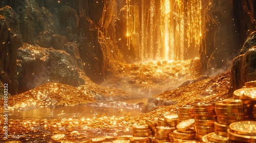 Enchanted cave filled with shimmering gold coins and cascading waterfalls, creating a magical atmosphere