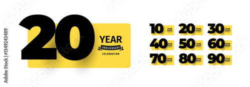 Modern anniversary celebration design set featuring bold numbers from 10 to 90 with stylish typography on yellow backgrounds. Ideal for greeting card and birthday banner. Vector illustration