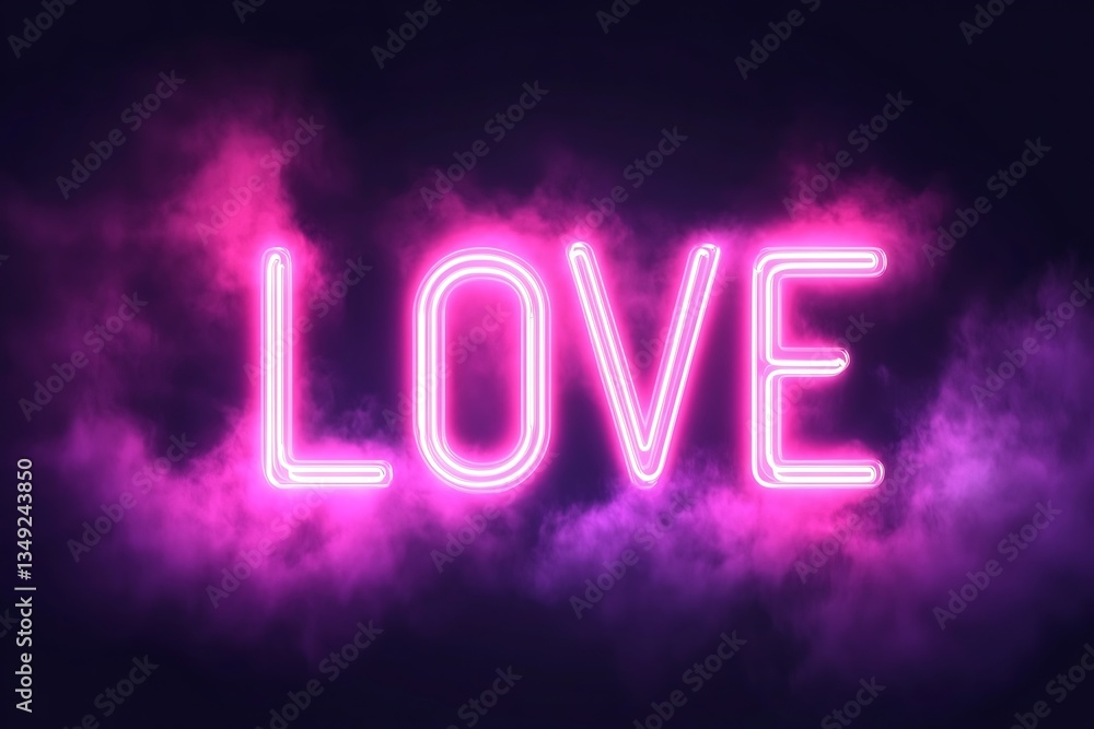 The word love glowing neon sign surrounded by colored vapor The word love glowing neon sign surrounded by colored vapor