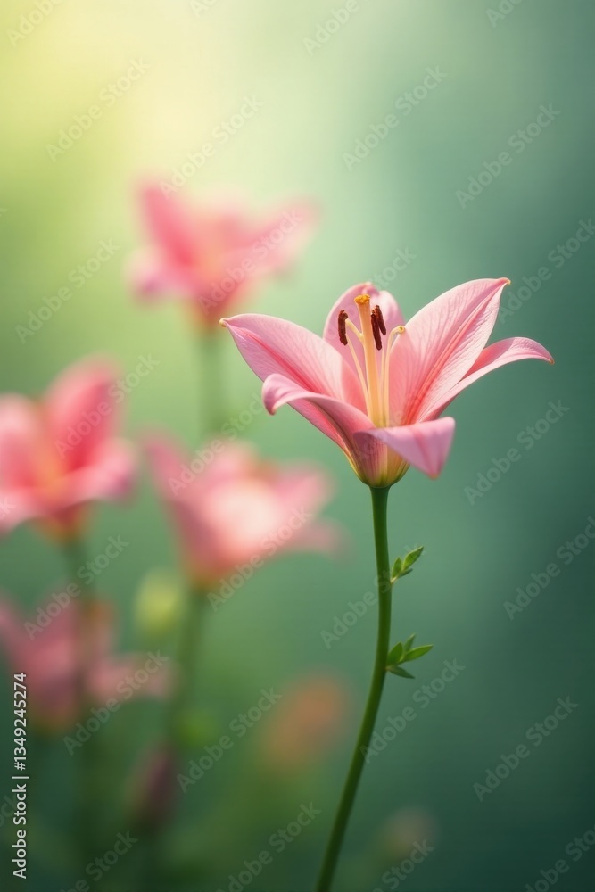 A Delicate Pink Lily Stands Tall Among Its Companions in a Soft, Dreamy Garden Setting A Delicate Pink Lily Stands Tall Among Its Companions in a Soft, Dreamy Garden Setting