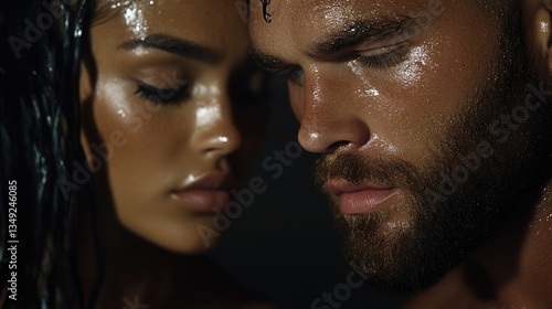 Close-up couple, drenched in sweat, intimate