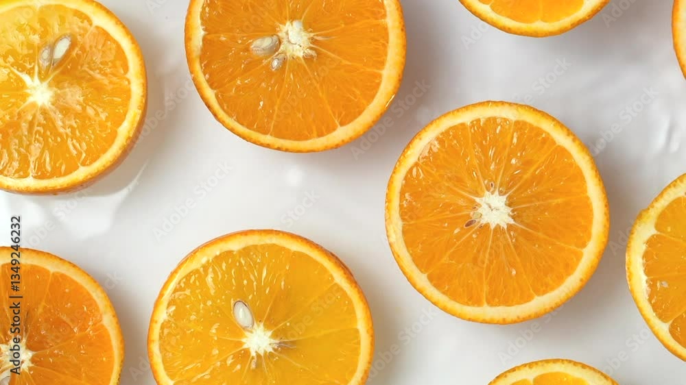 Closeup top view of fresh ripe Mandarin slices in clear water on white background Closeup top view of fresh ripe Mandarin slices in clear water on white background
