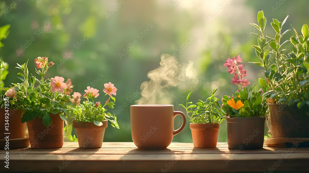 Tranquil Awakening with Steaming Cup of Tea Surrounded by Nature Tranquil Awakening with Steaming Cup of Tea Surrounded by Nature