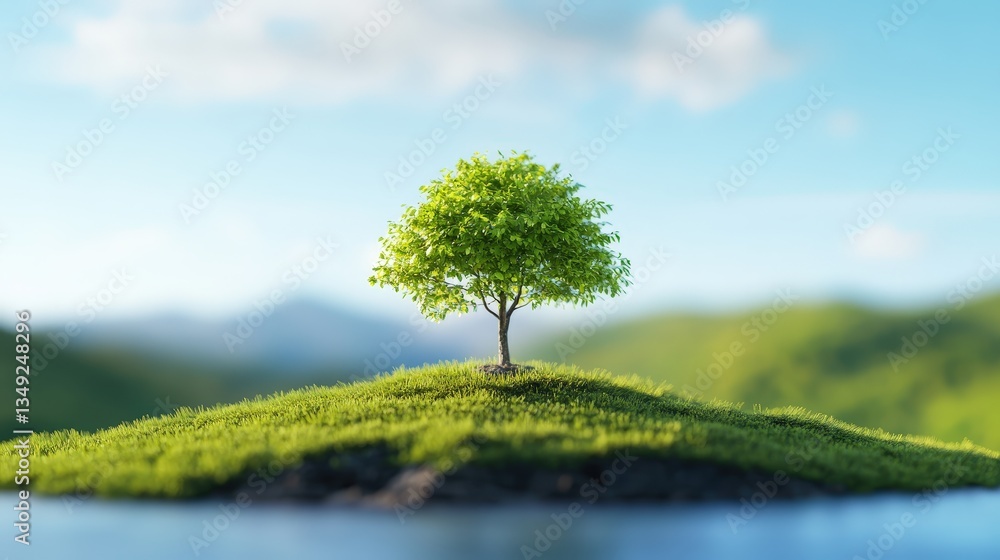 A solitary green tree stands on a small hill, surrounded by lush greenery and distant mountains under a bright blue sky. A solitary green tree stands on a small hill, surrounded by lush greenery and distant mountains under a bright blue sky.