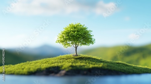 A solitary green tree stands on a small hill, surrounded by lush greenery and distant mountains under a bright blue sky.