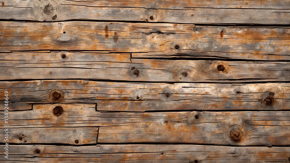 Fototapeta premium A textured wooden wall featuring weathered planks with knots and varying shades of brown, showcasing rustic charm and natural beauty.