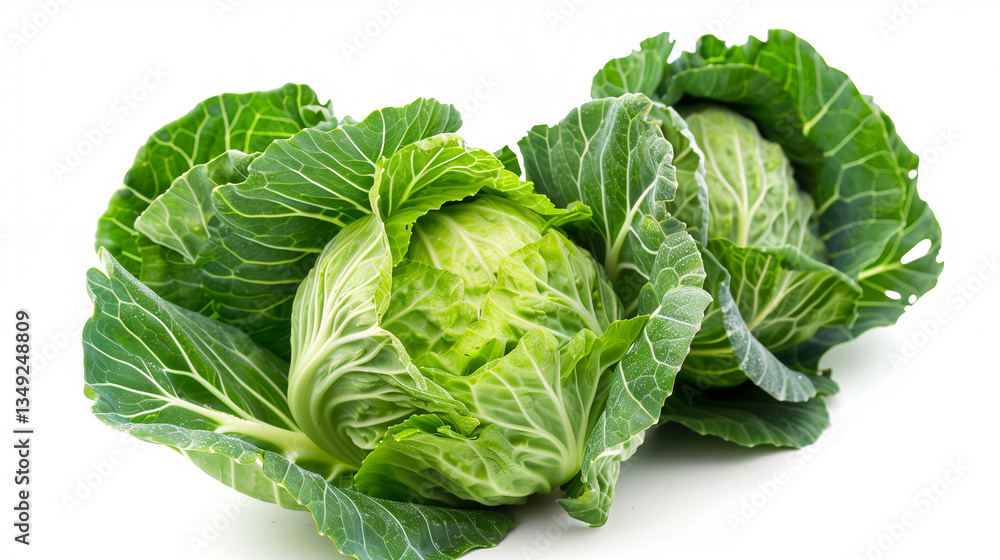 A large green cabbage is sitting on a white background. The cabbage is surrounded by green leaves, which give it a fresh and healthy appearance. Concept of vitality and nourishment A large green cabbage is sitting on a white background. The cabbage is surrounded by green leaves, which give it a fresh and healthy appearance. Concept of vitality and nourishment