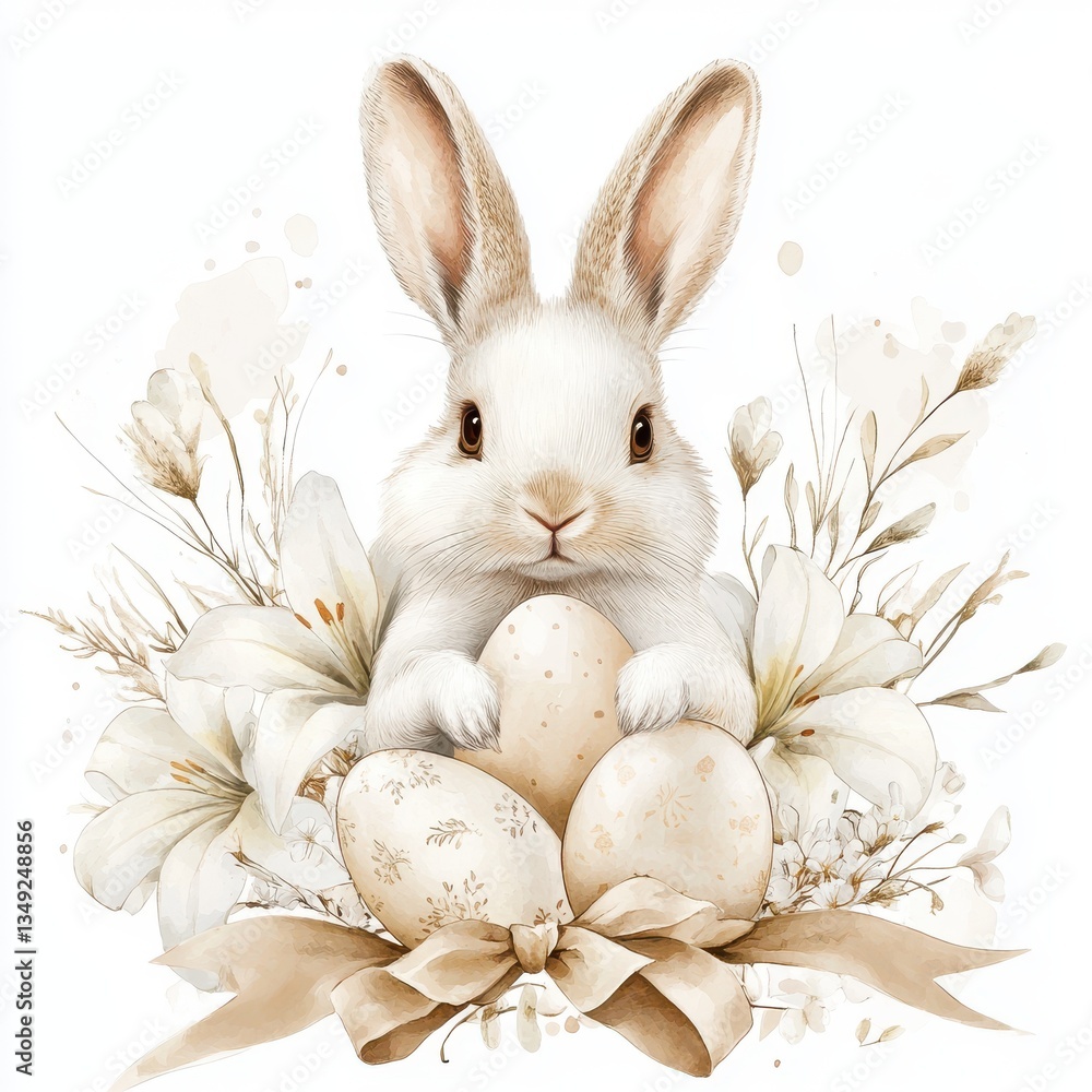 Obraz premium Watercolor cuter white Easter bunny with pastel colors eggs and white lilies isolated on white background