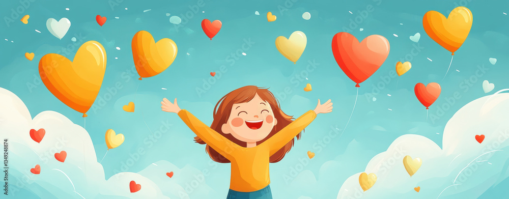 joyful illustration of girl with arms raised surrounded by heart shaped balloons in sky celebrating World Down Syndrome Day joyful illustration of girl with arms raised surrounded by heart shaped balloons in sky celebrating World Down Syndrome Day