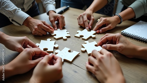 Diverse hands collaborate to assemble white puzzle pieces on a rustic wooden table. A symbolic scene of teamwork, problem-solving, and unity in a professional setting.