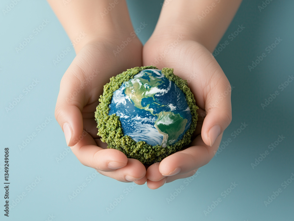 Protecting our planet: hands gently holding earth covered in green plants Protecting our planet: hands gently holding earth covered in green plants