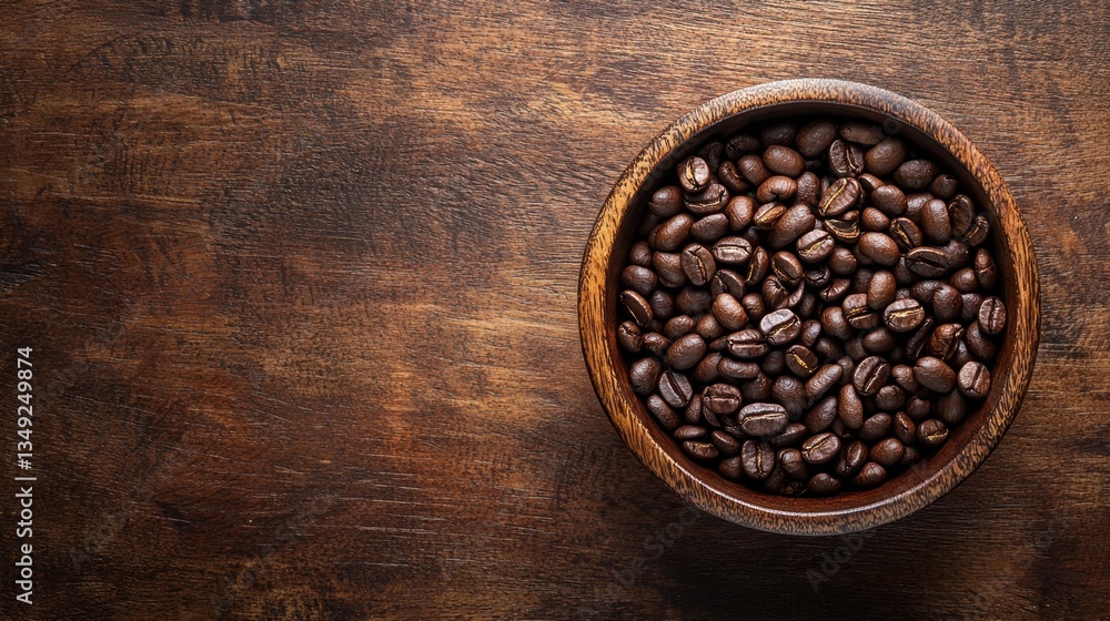 A rustic wooden bowl filled with rich brown coffee beans, neatly arranged on a textured wooden surface with copy space. A rustic wooden bowl filled with rich brown coffee beans, neatly arranged on a textured wooden surface with copy space.