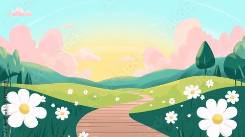 Springtime path through flowered hills, peaceful landscape, ideal for background, nature theme
