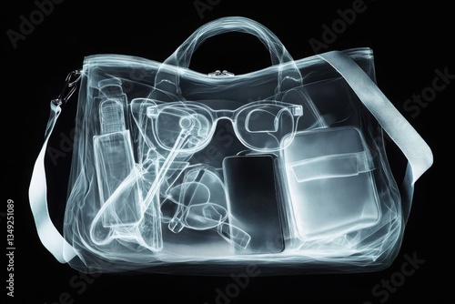 X ray image of a handbag containing various personal items against a black background s