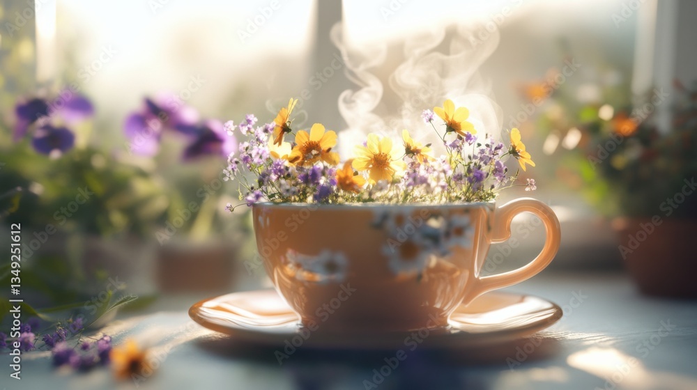 A steaming cup filled with colorful flowers, exuding a fresh and vibrant atmosphere, surrounded by a cozy indoor garden. A steaming cup filled with colorful flowers, exuding a fresh and vibrant atmosphere, surrounded by a cozy indoor garden.