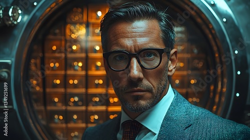 Determined businessman standing beside a vault of diverse investments