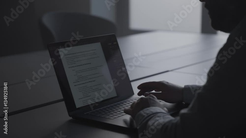 Man fertigt Bericht im Büro an Schreibtisch auf Laptop an, sitzt im Schatten mit Gegenlicht der Fenster