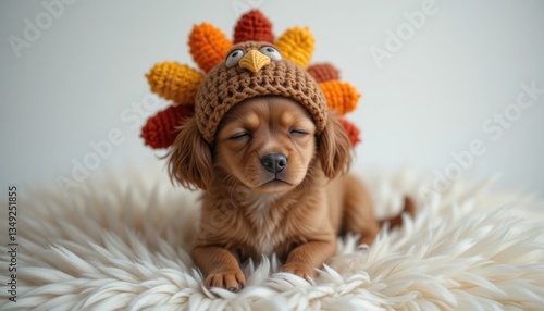 Cute Puppy Wearing Turkey Hat Relaxing on Fluffy White Blanket