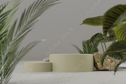 Elegant Botanical Product Showcase with Wooden Pedestal, Stones, and Tropical Leaves