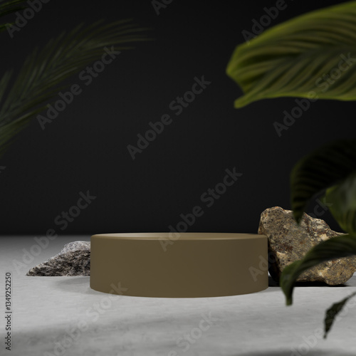 Minimalist Natural Wooden Podium with Rocks and Greenery for Product Display