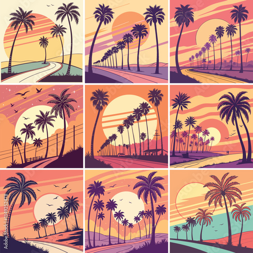 Vibrant Palm Trees Silhouette at Sunset Beach Road