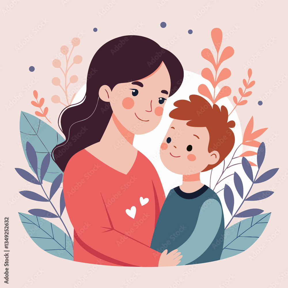 Mother and son illustration for mother's day greeting card family love and care art. Happy Mothers Day illustration.. Mother and son illustration for mother's day greeting card family love and care art. Happy Mothers Day illustration..