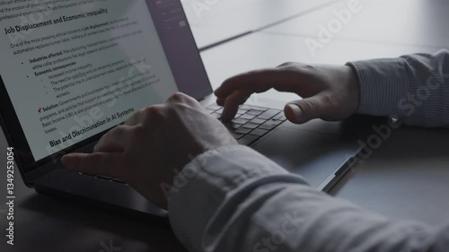 Man fertigt Bericht im Büro an Schreibtisch auf Laptop an, sitzt im Schatten mit Gegenlicht der Fenster