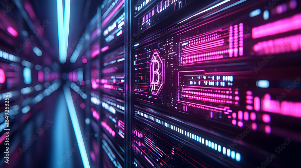 Glowing Bitcoin Symbol Floating in a Tech Environment with Neon Lights Glowing Bitcoin Symbol Floating in a Tech Environment with Neon Lights