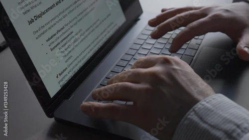 Man fertigt Bericht im Büro an Schreibtisch mit Laptop an, sitzt im Schatten mit Gegenlicht der Fenster