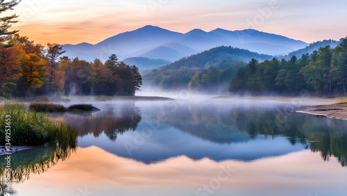 Wallpaper Mural A tranquil river reflects misty mountains and colorful autumn trees at sunrise, creating a serene natural landscape. Concept Tranquil River, Misty Mountains, Autumn Trees, Sunrise Serenity Torontodigital.ca