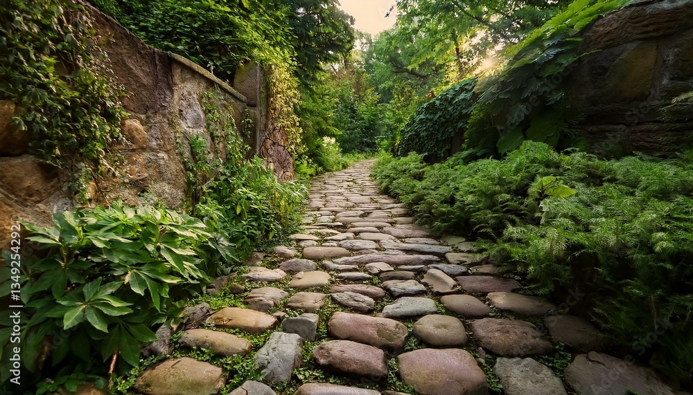 Fototapeta premium Overgrown cobblestone path in a garden, with small weeds and plants sprouting between the stones