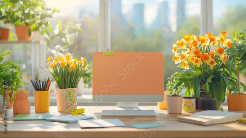 Bright and Cheerful Office Cubicle Setup with Colorful Decorations