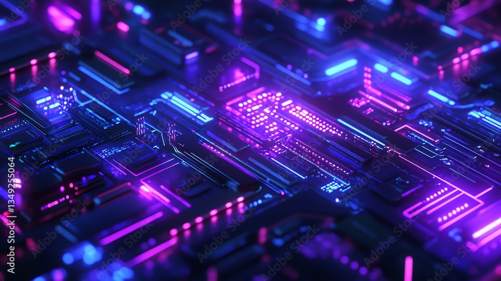 Fototapeta premium Glowing Circuit Board Technology with Blue and Pink Neon Lights Detail