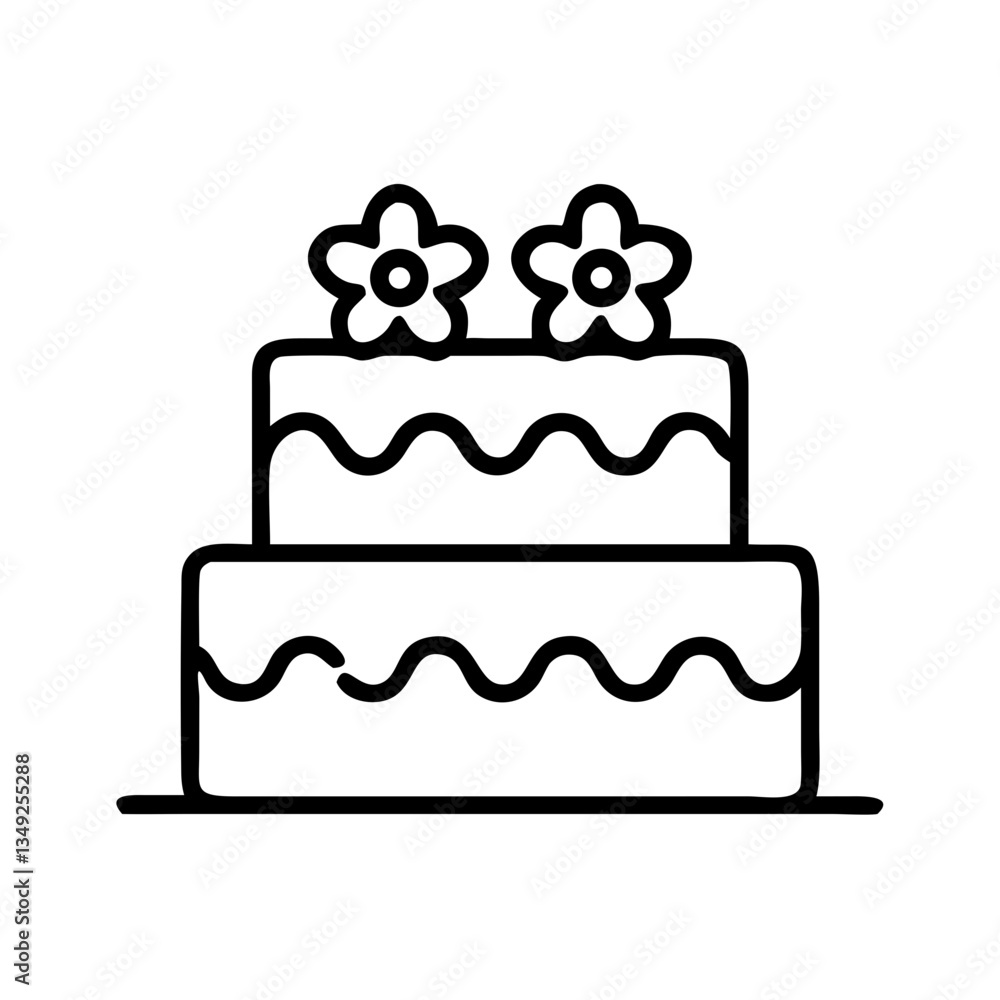 black outline two-tier cake icon with decorative flowers on top representing celebration wedding birthday and festive desserts black outline two-tier cake icon with decorative flowers on top representing celebration wedding birthday and festive desserts