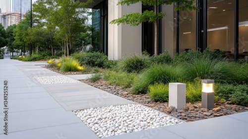 Modern, landscaped plaza outside a contemporary office building