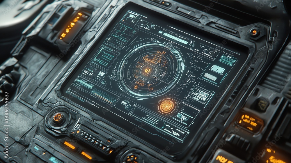 Fototapeta premium Analyzing Futuristic Touchscreen Control Panel Displaying Complex Data and Information