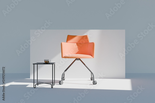 A Modern Orange Chair with a Tea Table Against a White Background with Soft Shadows