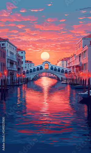 A vibrant sunset over the Rialto Bridge in Venice, Italy, with colorful sky reflections on the canal, evoking romance and travel beauty