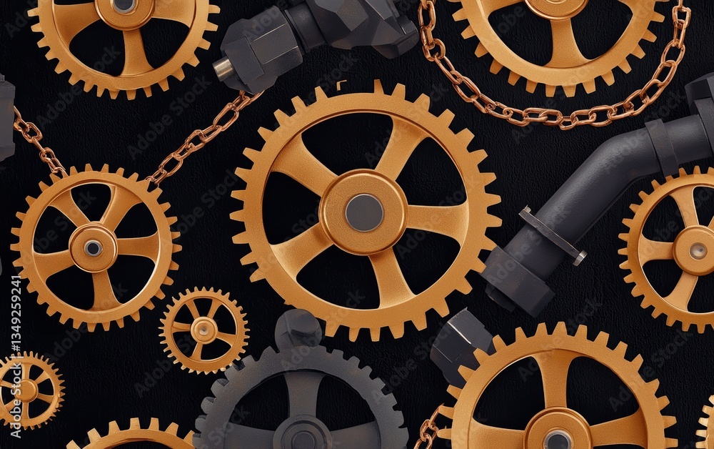 A collage of intricate gears and pipes featuring a black background, highlighting mechanical components in a steampunk style. A collage of intricate gears and pipes featuring a black background, highlighting mechanical components in a steampunk style.